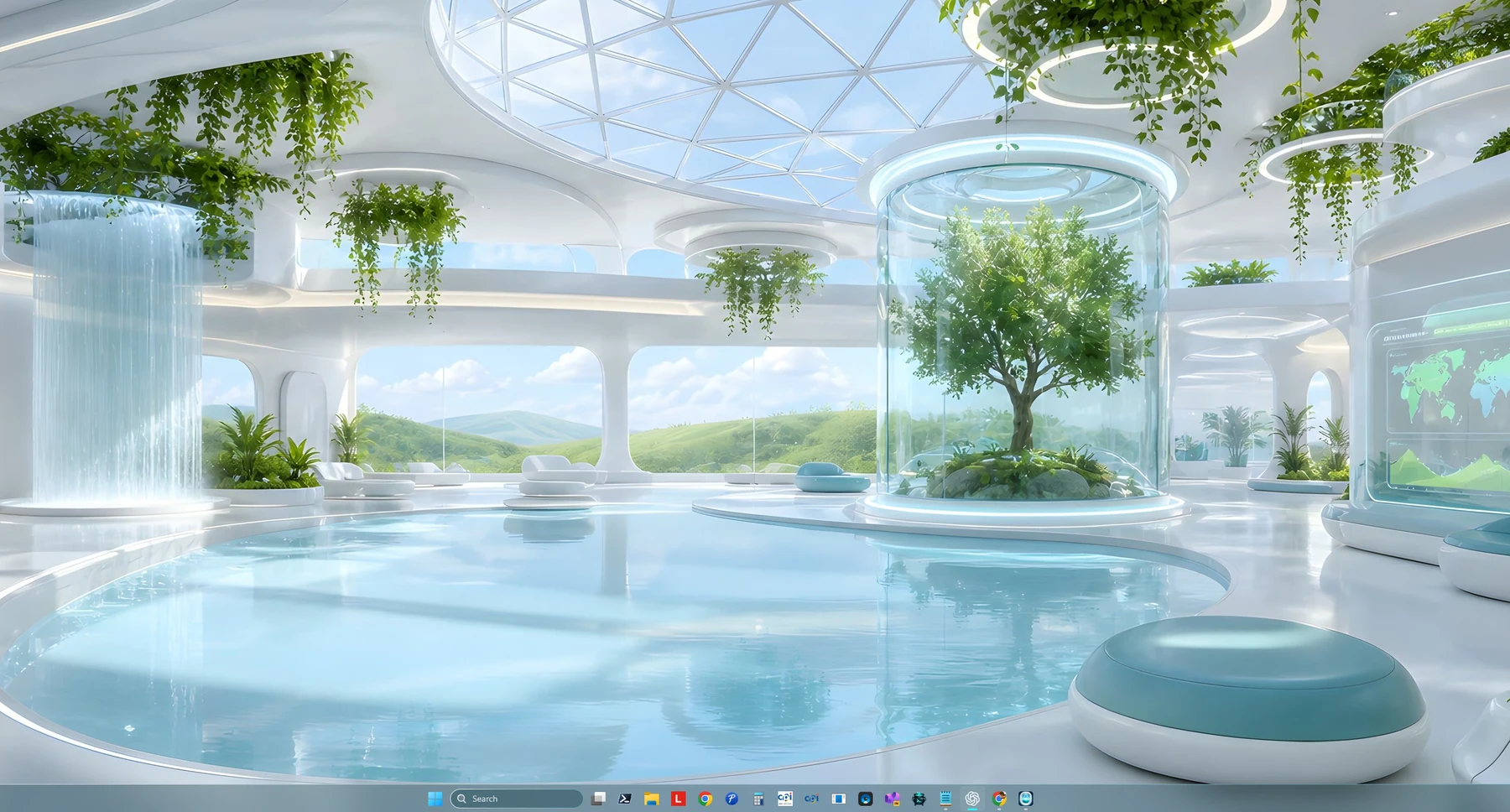 AeroPane desktop with botanical future wallpaper and glass taskbar