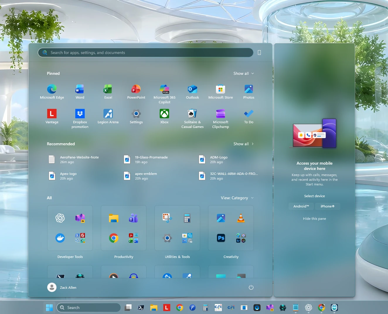 AeroPane Sea Glass Start menu on Windows 11